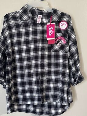 Justice Black & White Plaid Girls' Button-Down Shirt with Pink Logo Tags